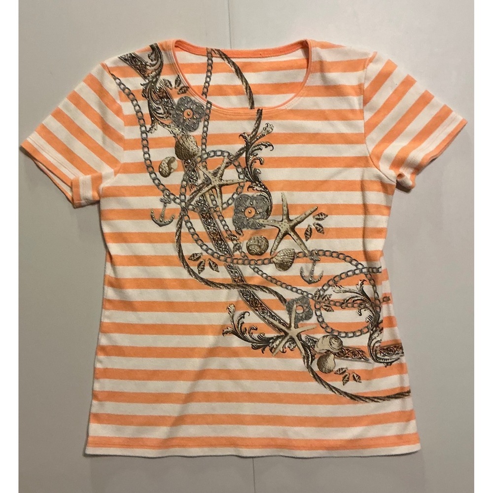 Hamptons‎ Beach Coastal Striped Nautical AOP Nature Baby Doll T Shirt Womens S